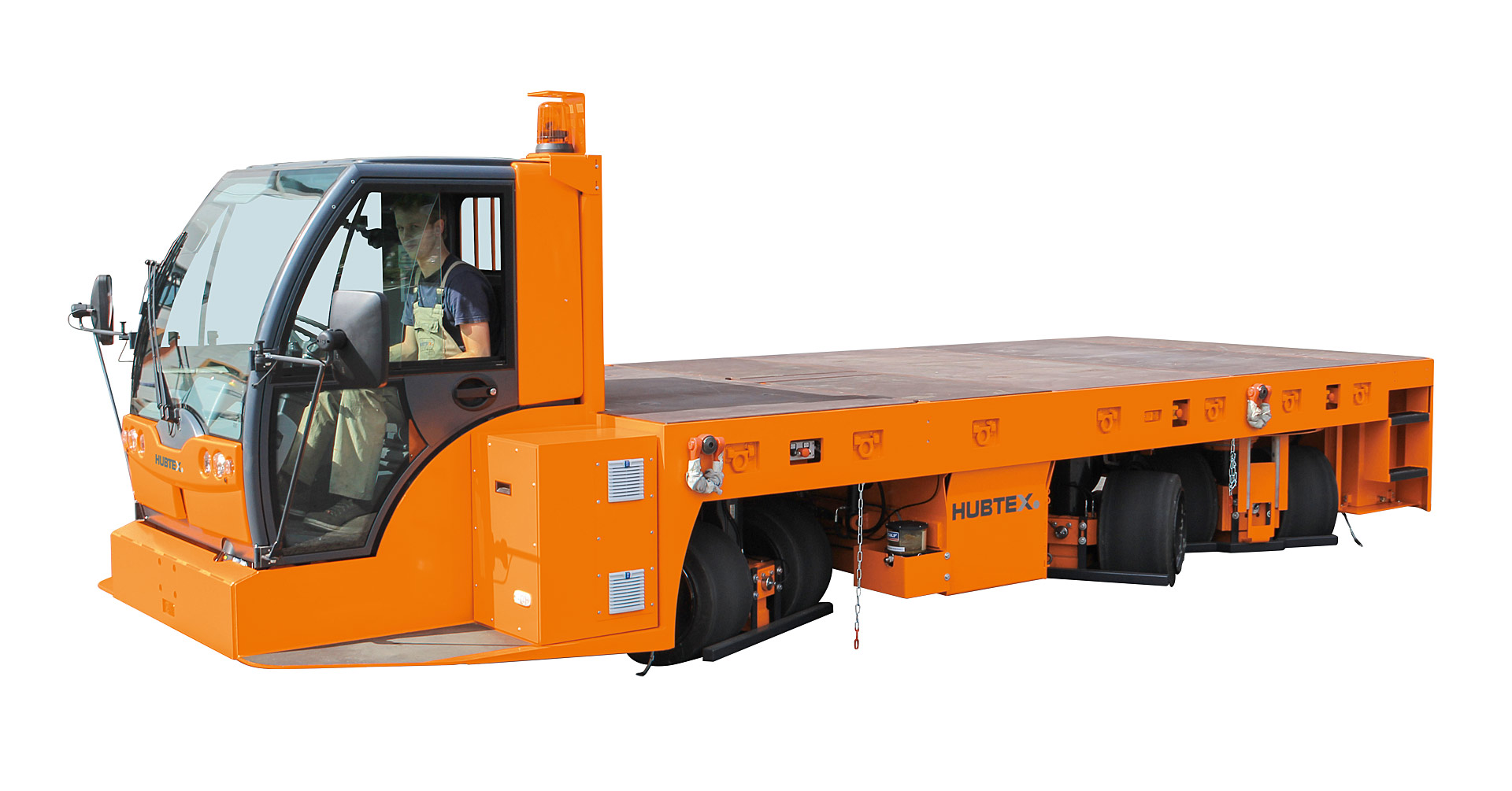 Een HUBTEX platformwagen met cabine
