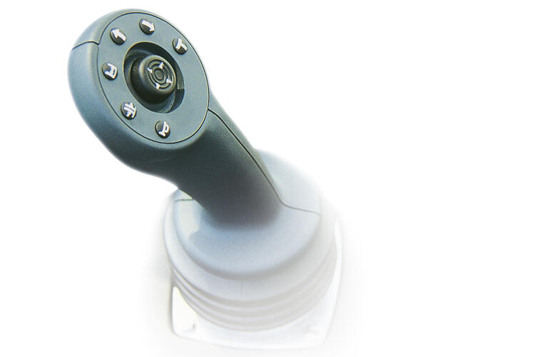 the joystick controller of a HUBTEX BasiX multidirectional sideloader